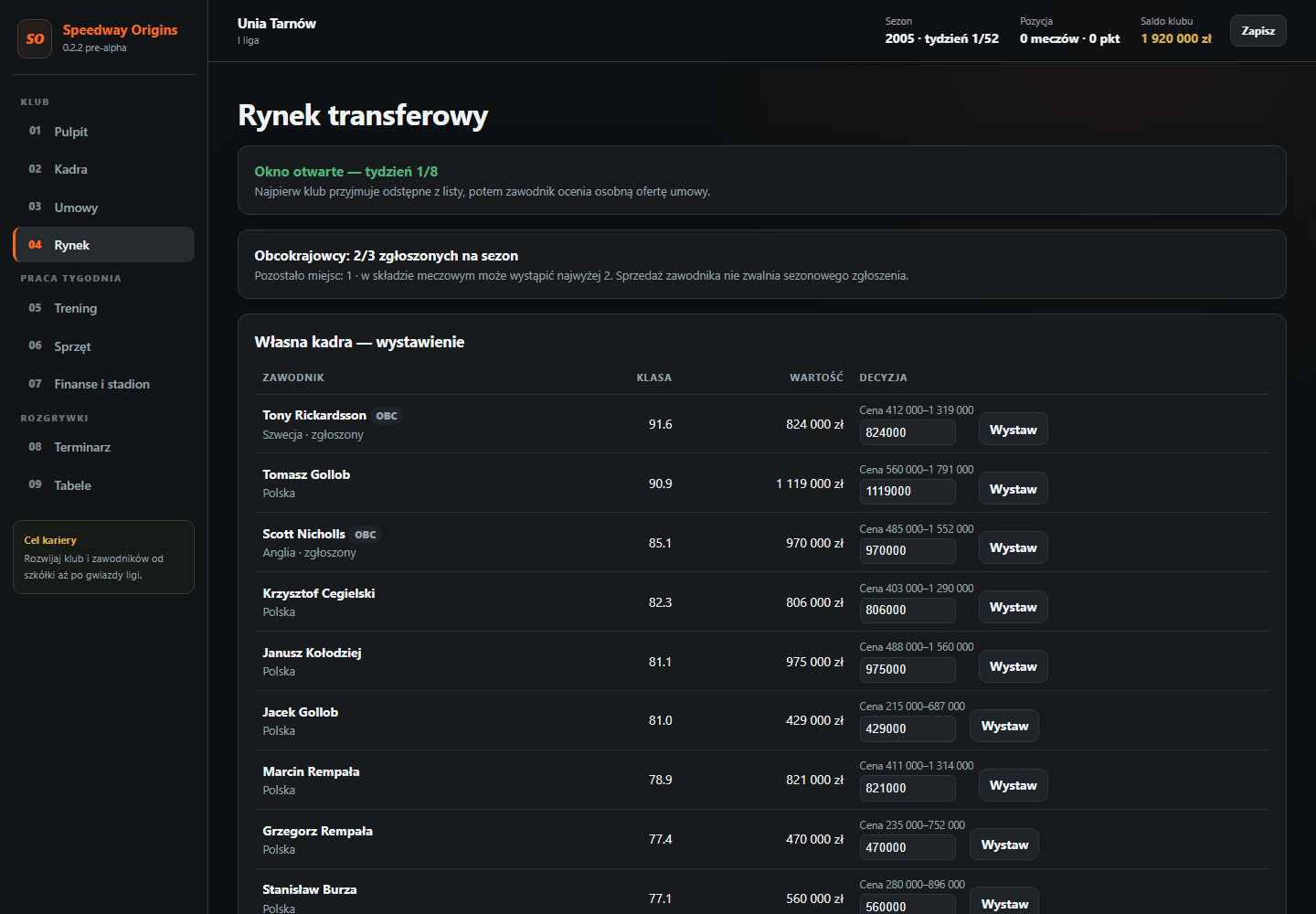 Rynek transferowy — ekran gry Speedway Origins