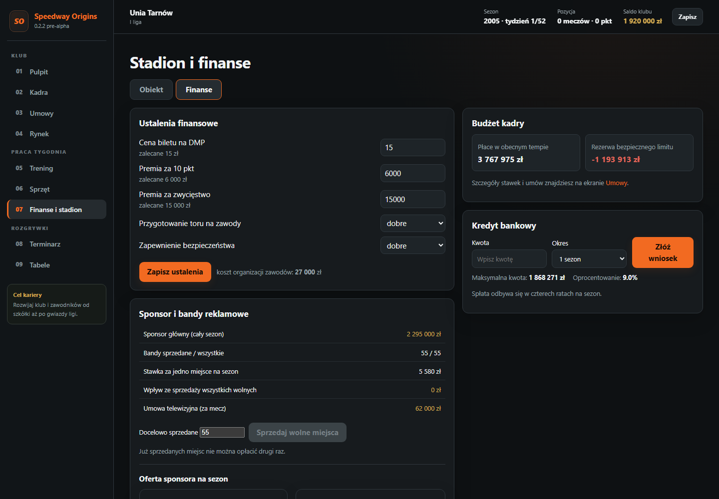 Finanse klubu — ekran gry Speedway Origins