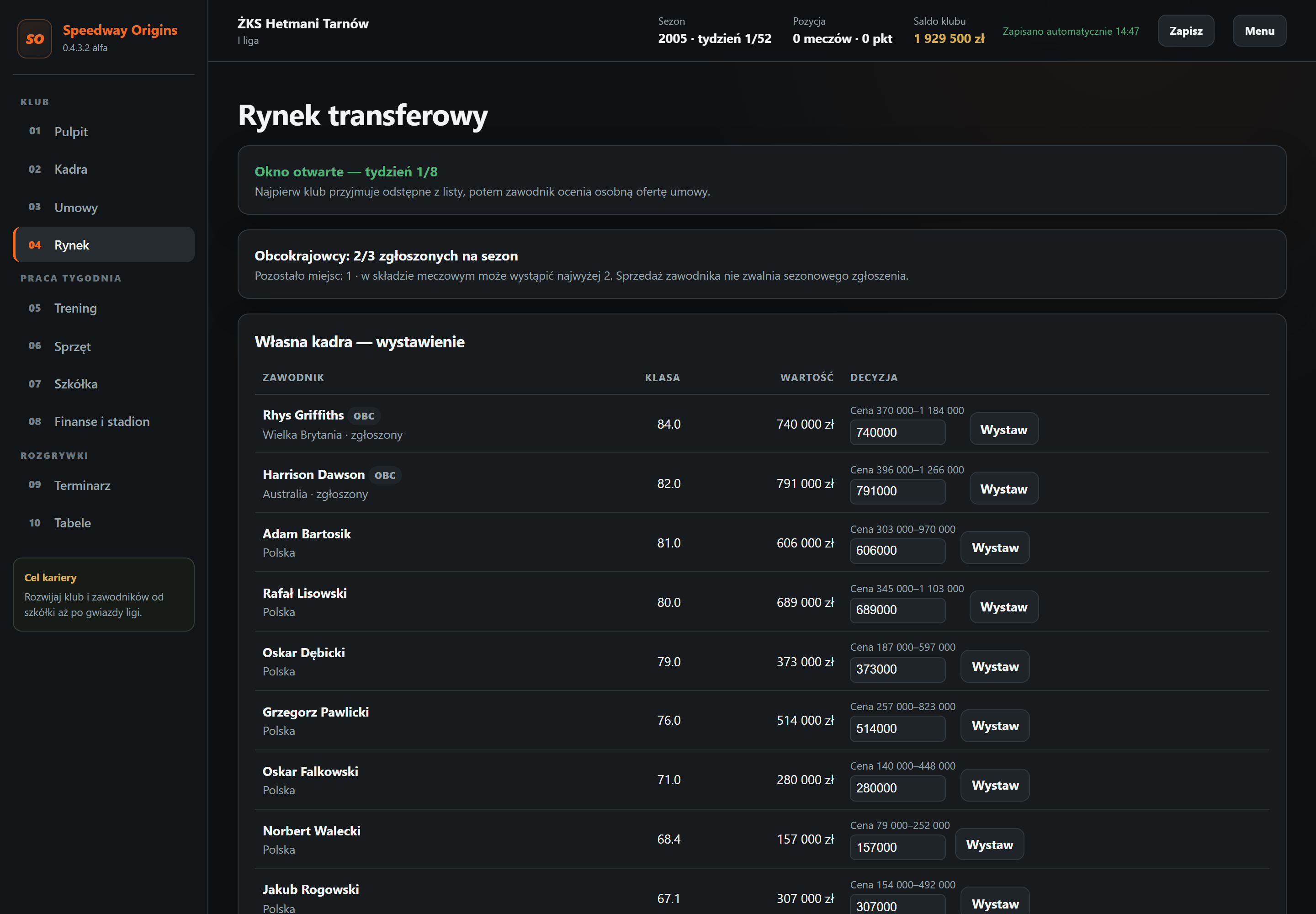 Rynek transferowy — ekran gry Speedway Origins