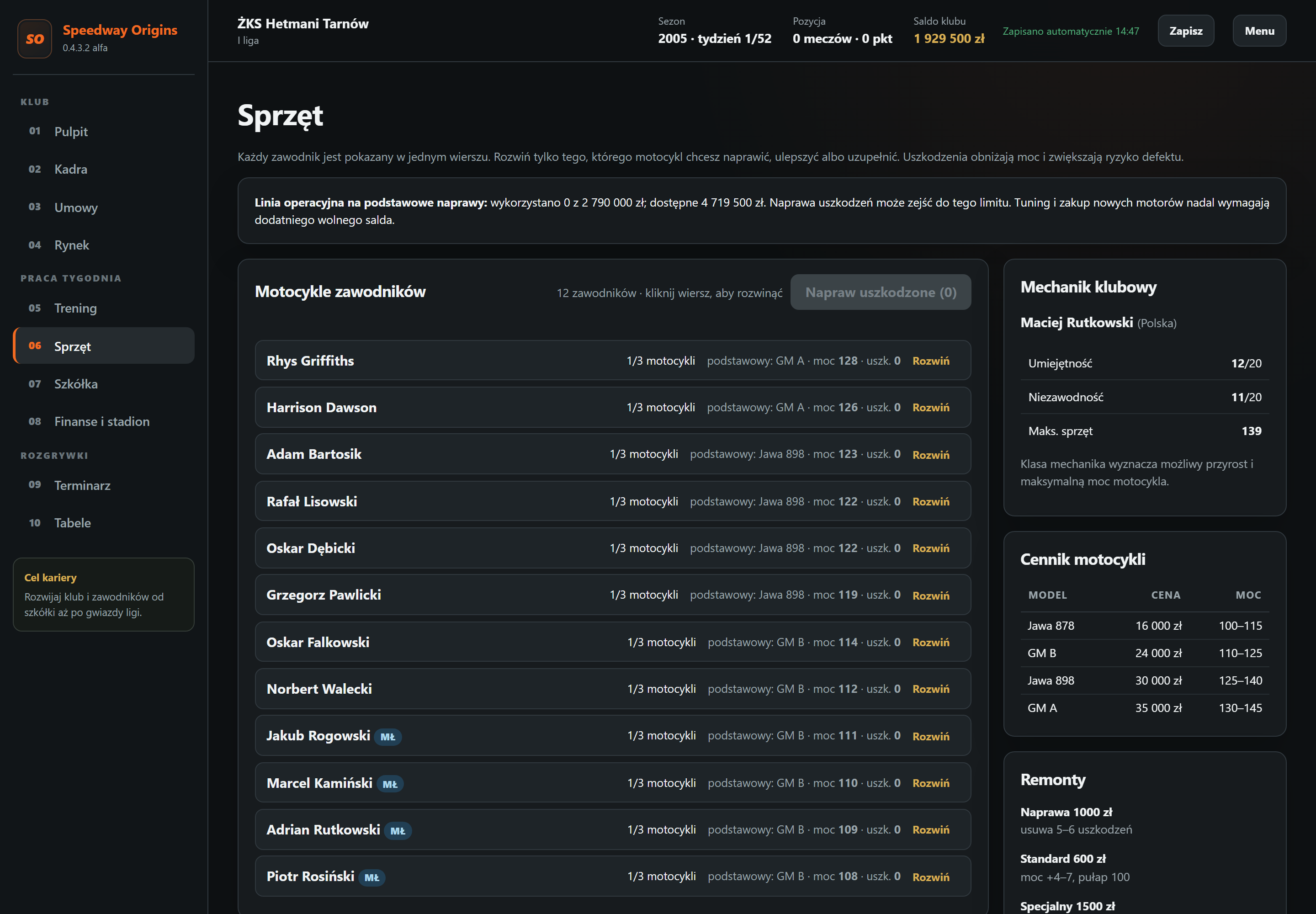 Sprzęt — ekran gry Speedway Origins
