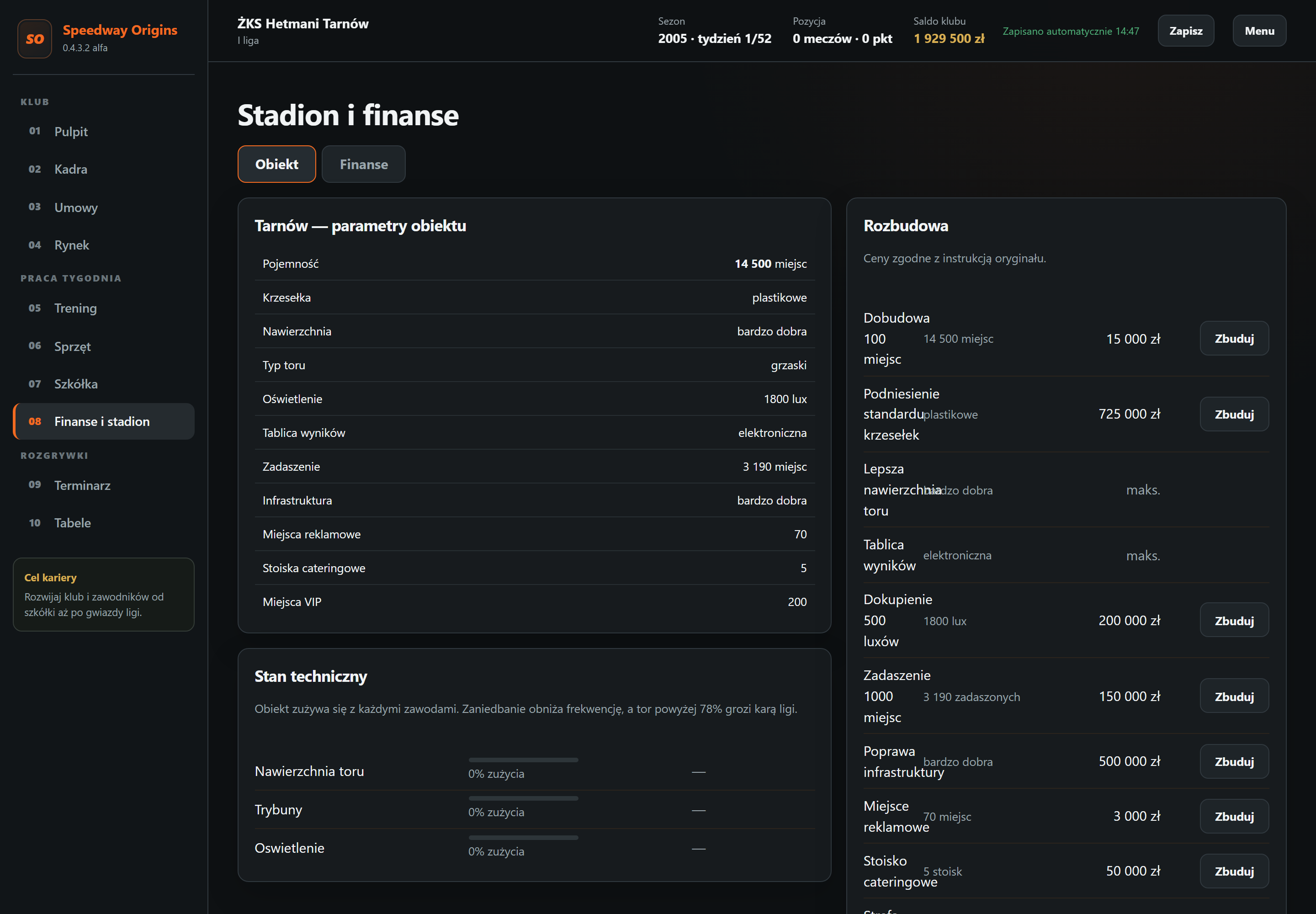 Stadion i finanse — ekran gry Speedway Origins