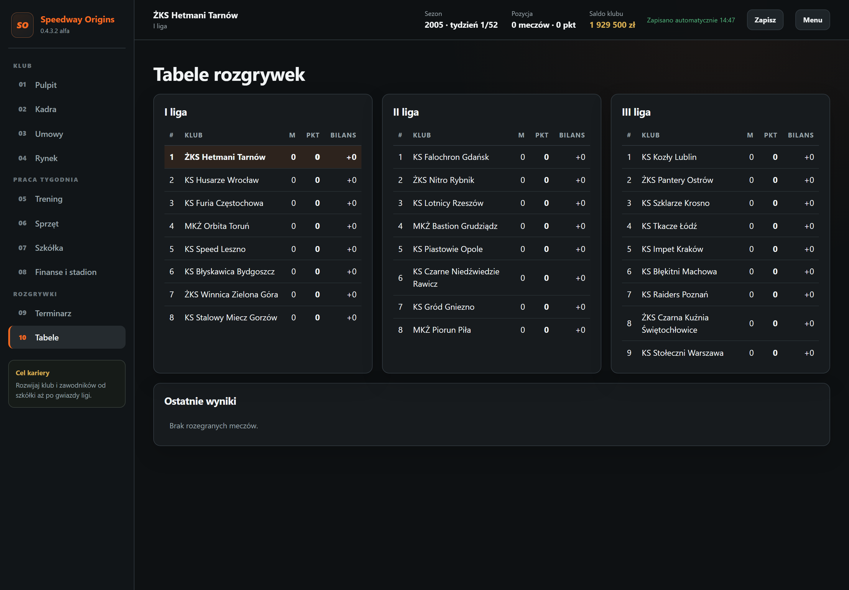 Tabele — ekran gry Speedway Origins