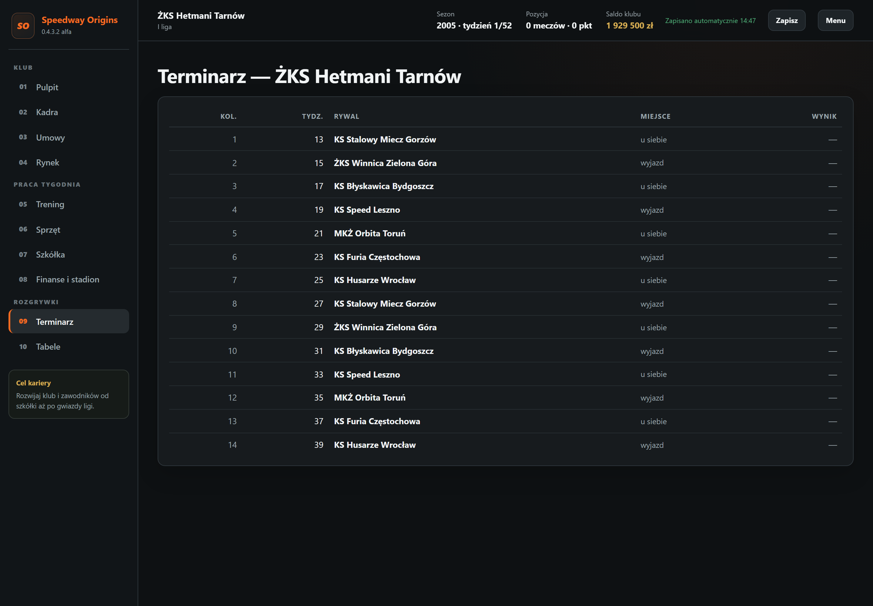 Terminarz — ekran gry Speedway Origins